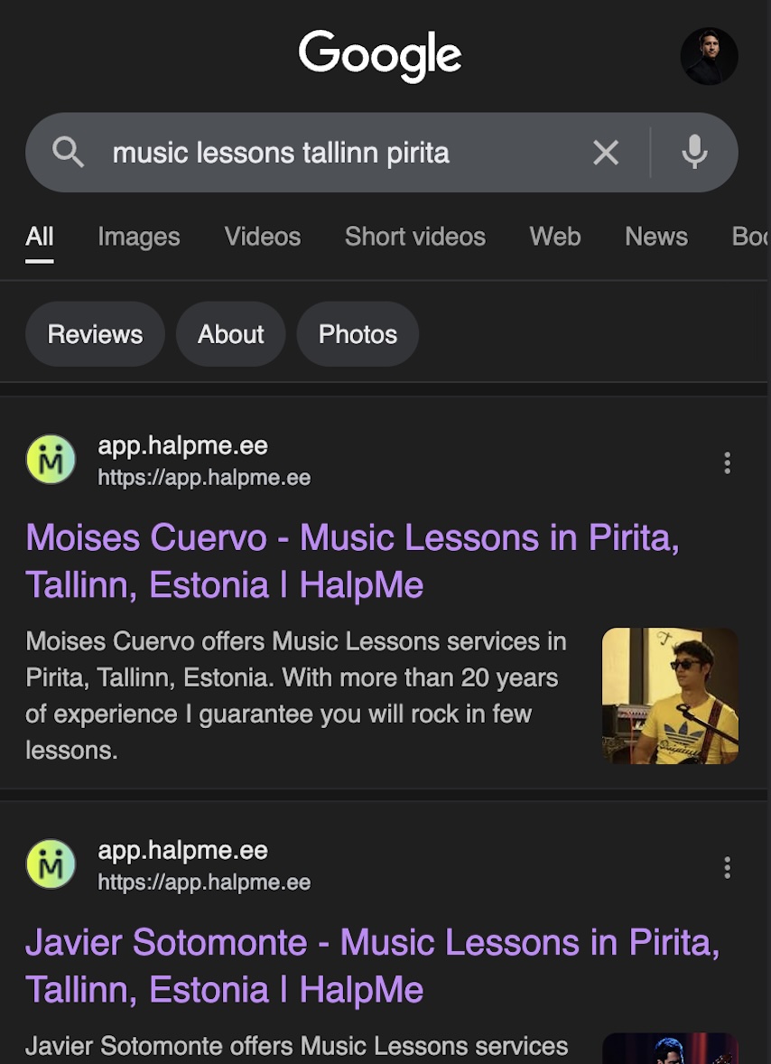 Google Search Result for HalpMe Profile